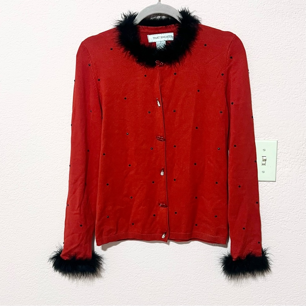 Vintage Y2K 90s red marabou feather trim cardigan with bling buttons